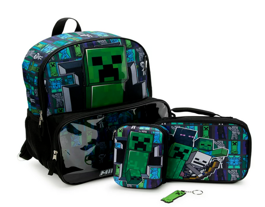 Minecraft Creeper 17" Laptop Backpack and Lunch Bag Set, 4-Piece, Black